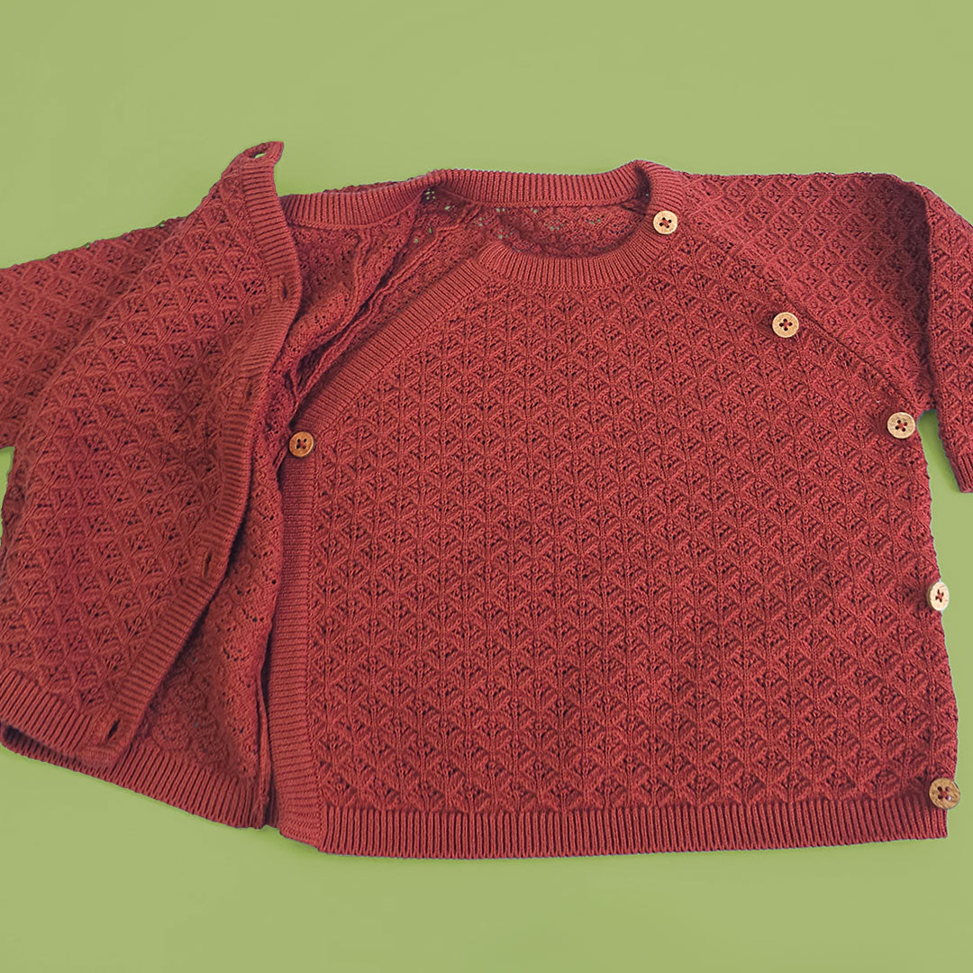 Floral Hug - Cotton Coffee Brown Hand Embroidered Wrap Style Double Layer Sweater