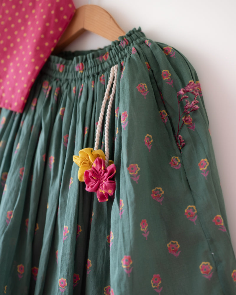 Kopal Magenta Polka Blouse & Green Floral Booti Lehenga Set