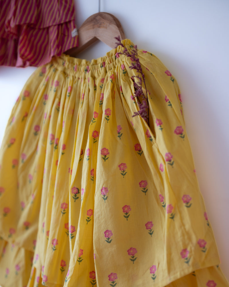 Meera Pink Striped Halter Choli & Yellow Booti Lehenga Set