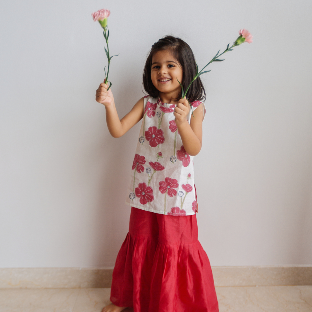 Poppy Fields - Chanderi Sharara Set | Hand-Block Printed - Ruby