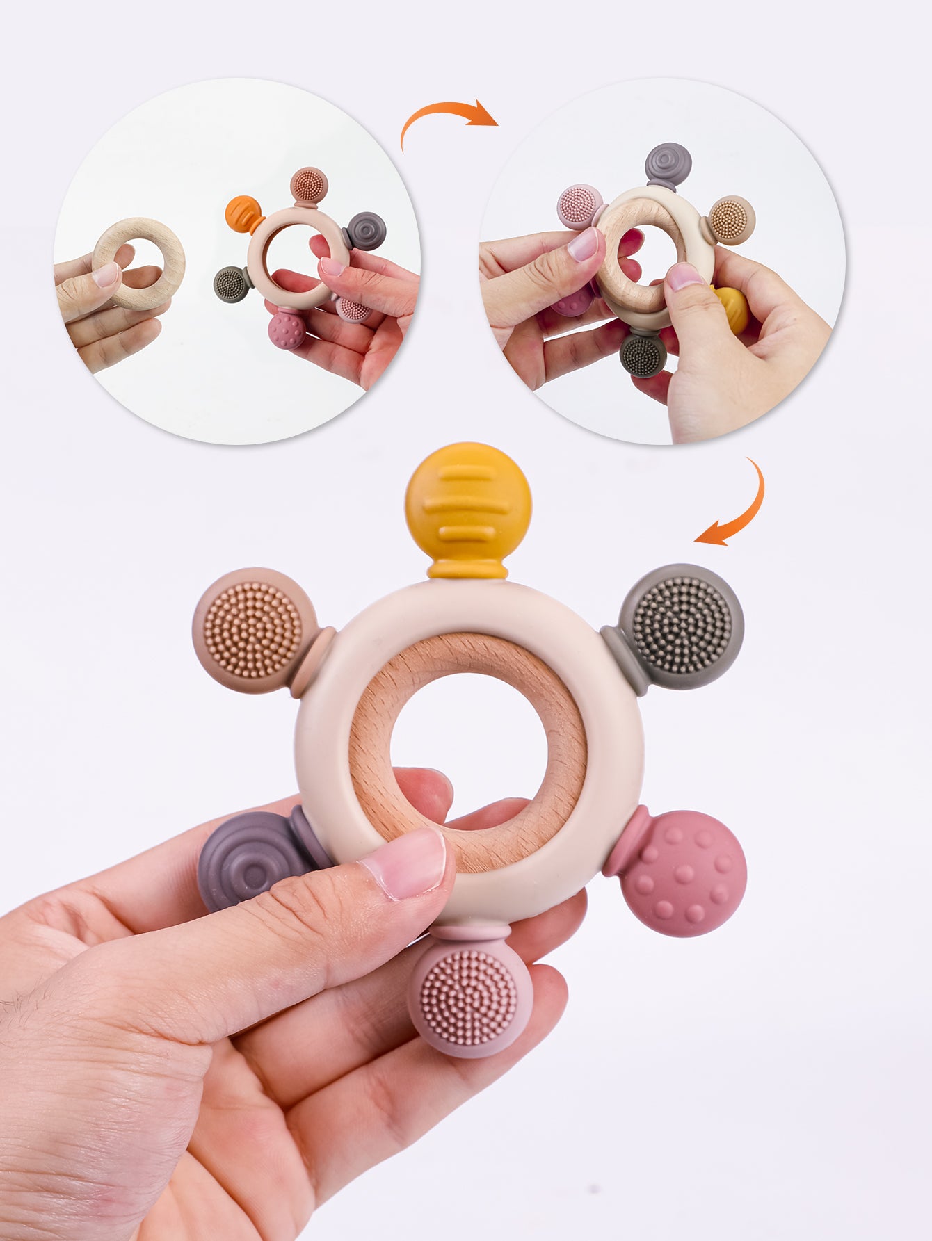 Infant Wooden Teether, Baby Teething Toys Silicone - Pastel