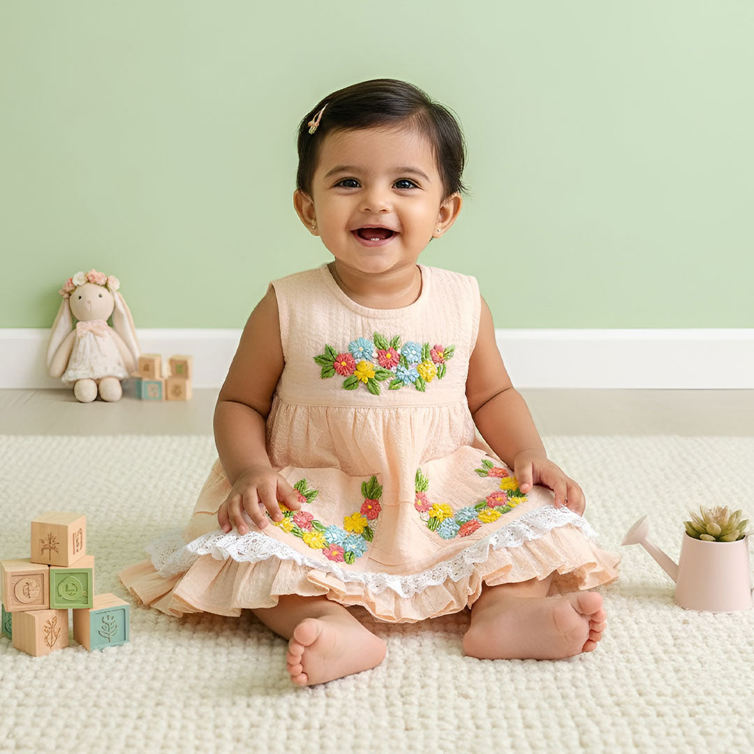 Keebee Organic Cotton Hand Embroidered Peony Dress - Peach