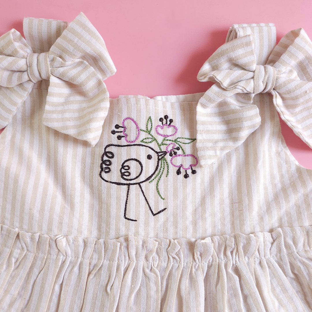 Beige and White Stirped Embroidered Coord Set - Birdie with Flowers