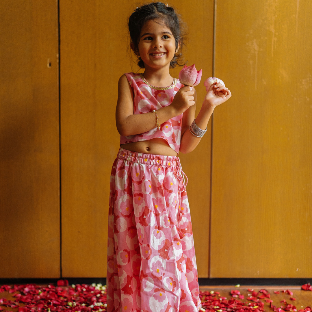 Chanderi Lehenga Set | Hand-Block Printed (Gota Work) - Flowering Circles