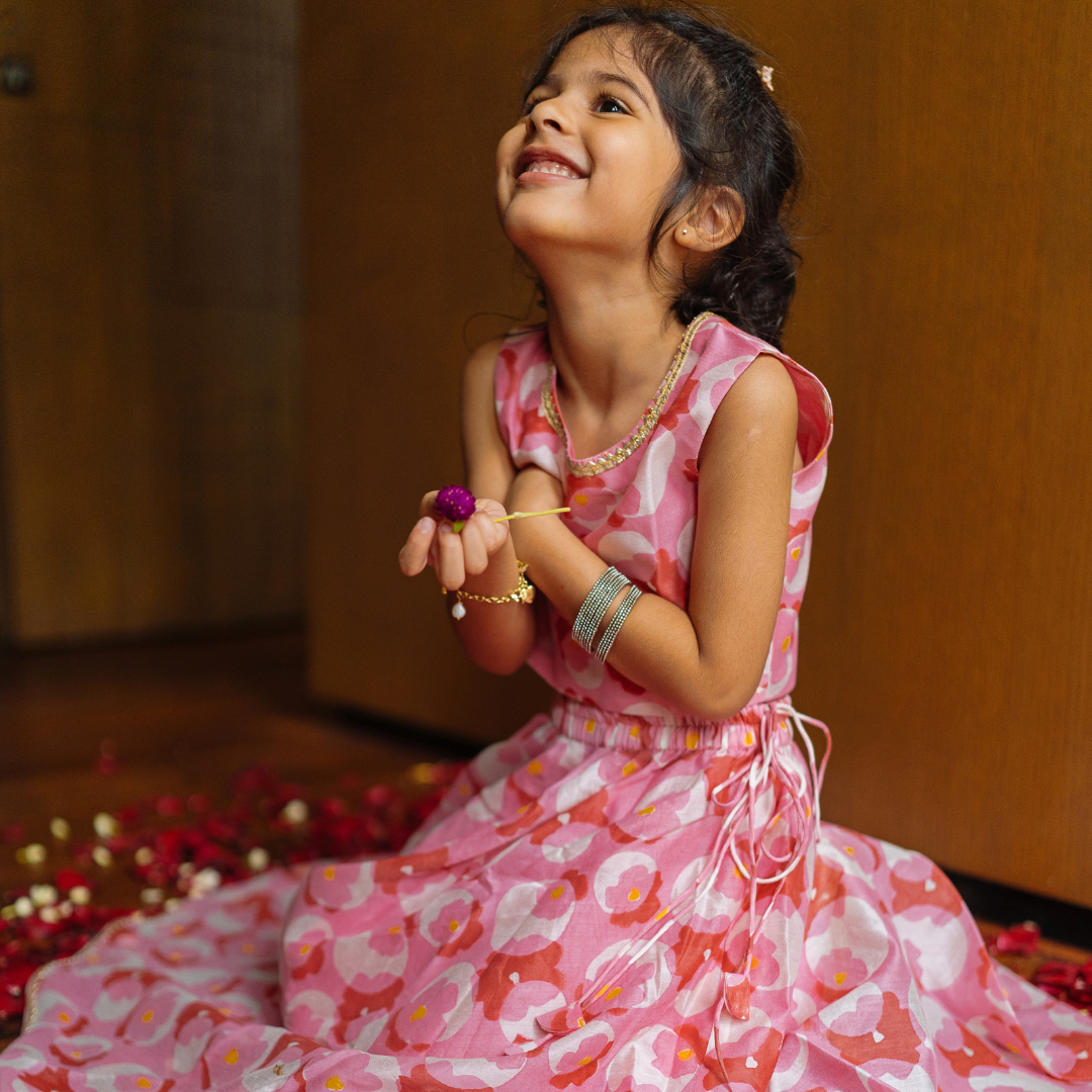 Chanderi Lehenga Set | Hand-Block Printed (Gota Work) - Flowering Circles
