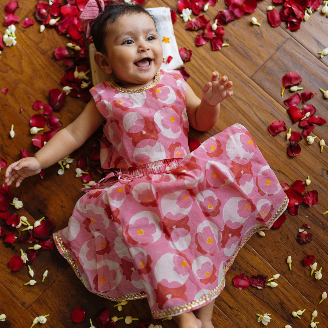 Chanderi Lehenga Set | Hand-Block Printed (Gota Work) - Flowering Circles