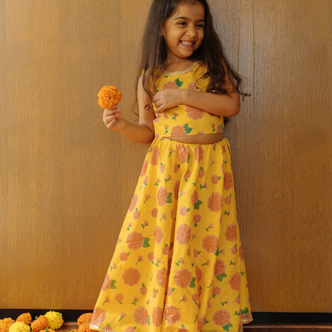 Chanderi Lehenga Set | Hand-Block Printed (Gota Work) - Genda Phool