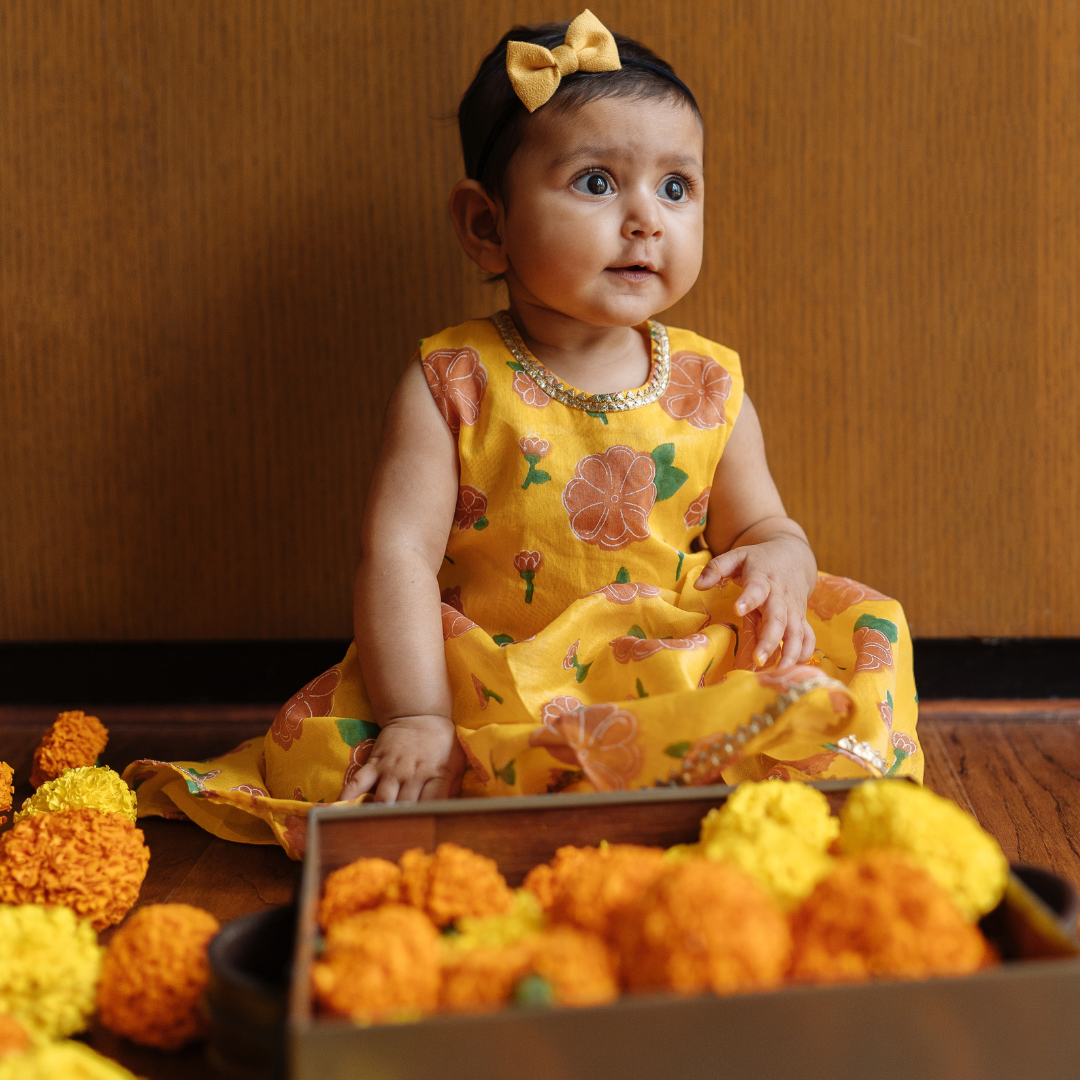 Chanderi Lehenga Set | Hand-Block Printed (Gota Work) - Genda Phool