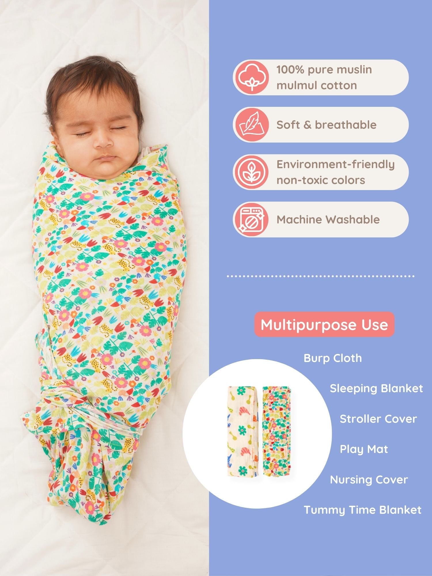 Colourful Dreams Cotton Muslin Swaddle Wrap for New Born (Pack of 2) - Totdot