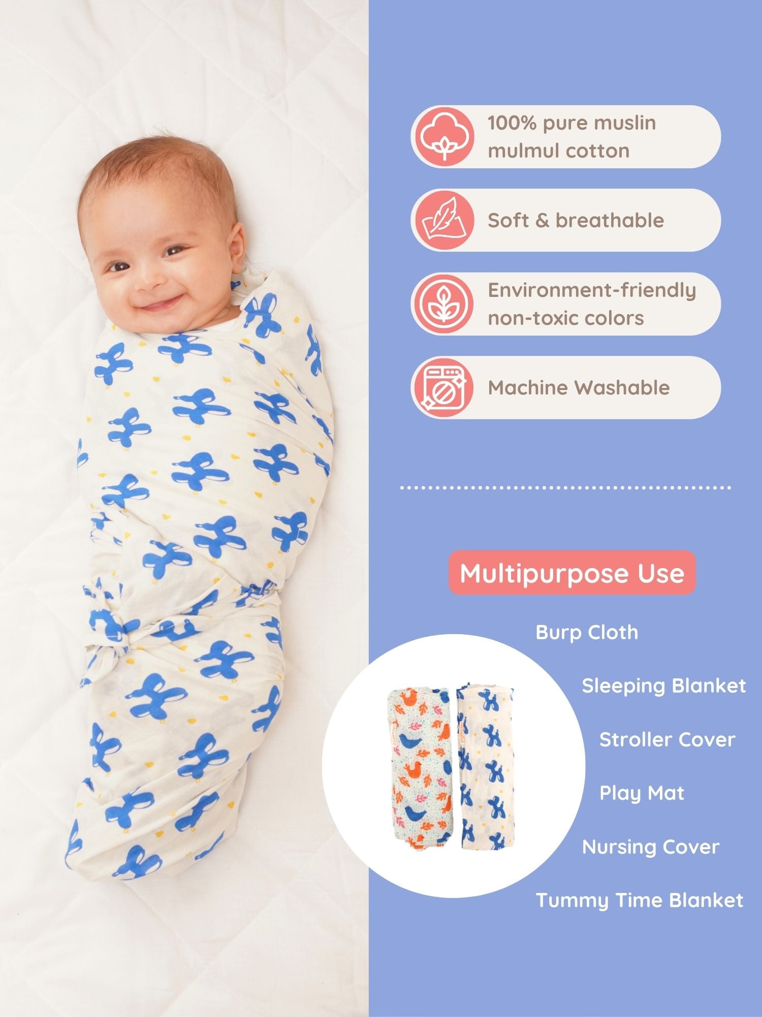 Blue Safari Cotton Muslin Swaddle Wrap for New Born (Pack of 2) - Totdot