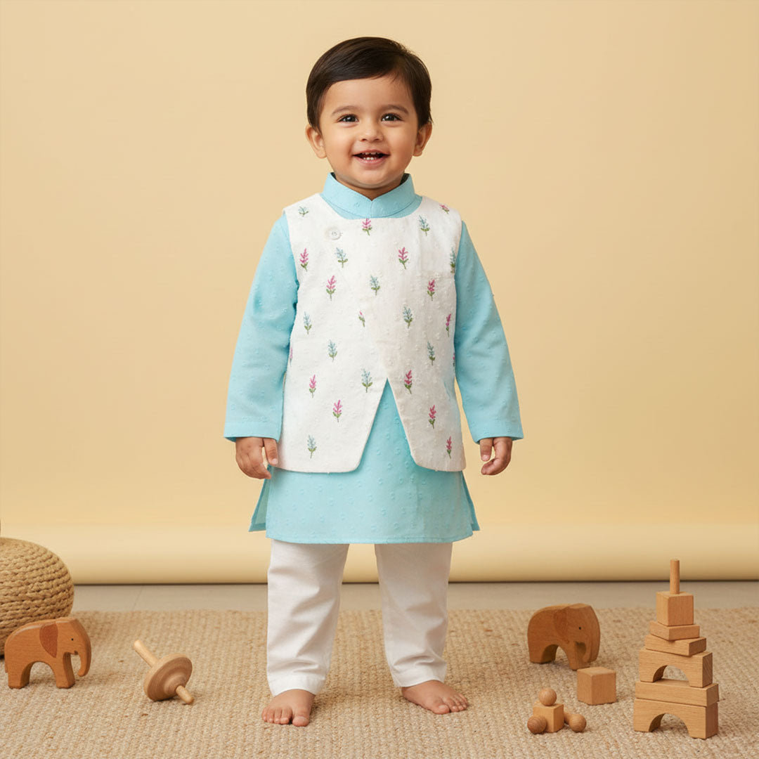 Turquoise Blue – Cotton Floral Embroidered Jacket Kurta and White Pajama Pants Set