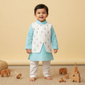 Turquoise Blue – Cotton Floral Embroidered Jacket Kurta and White Pajama Pants Set