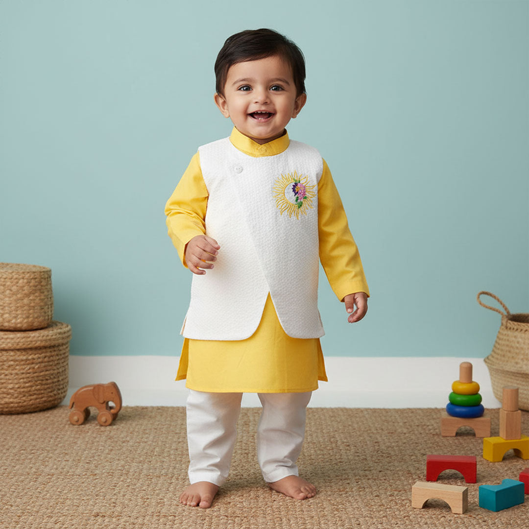 Yellow – Cotton Sun Embroidered Jacket Kurta and White Pajama Pants Set