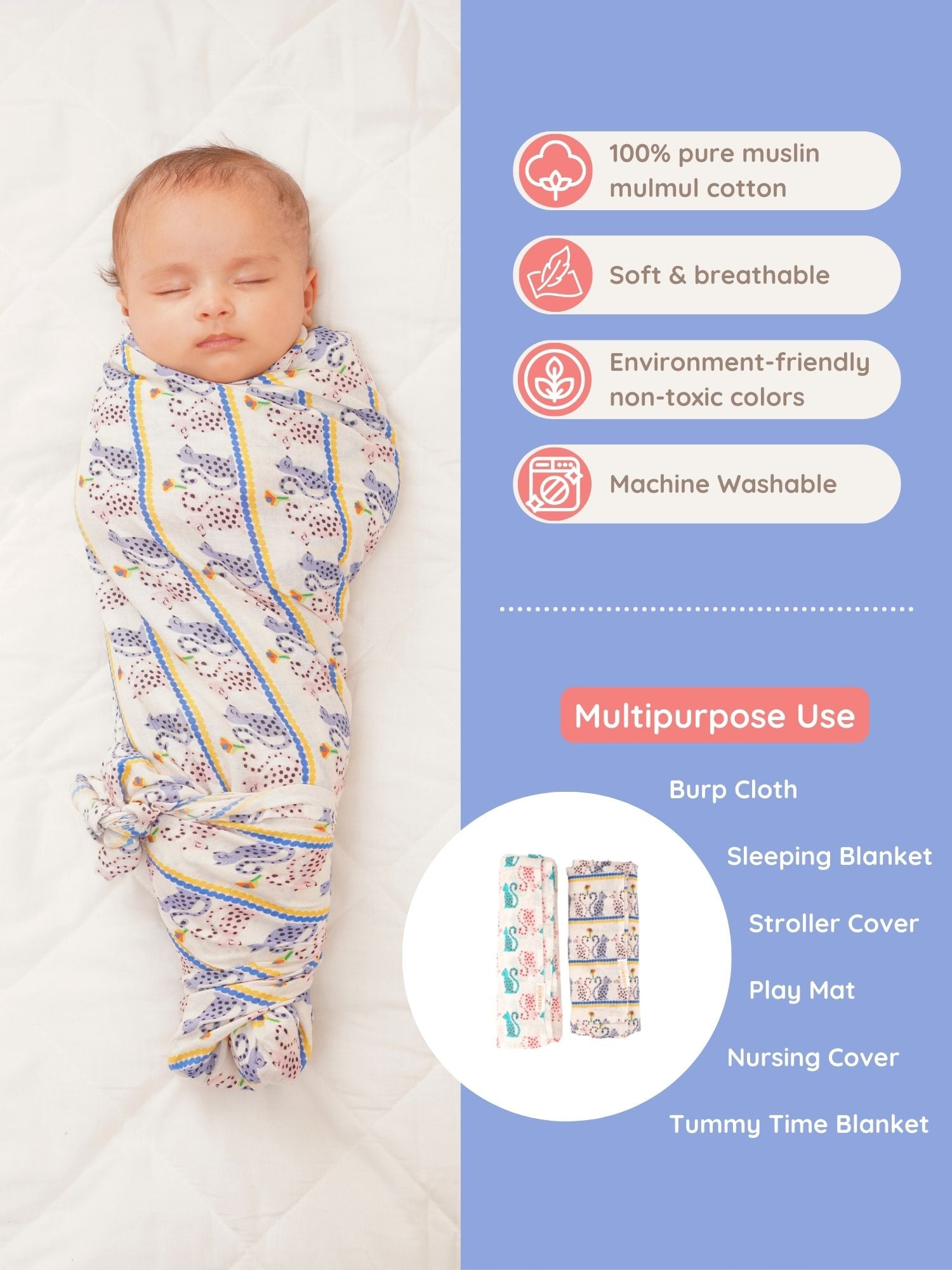 Pals Cotton Muslin Swaddle Wrap for New Born (Pack of 2) - Totdot