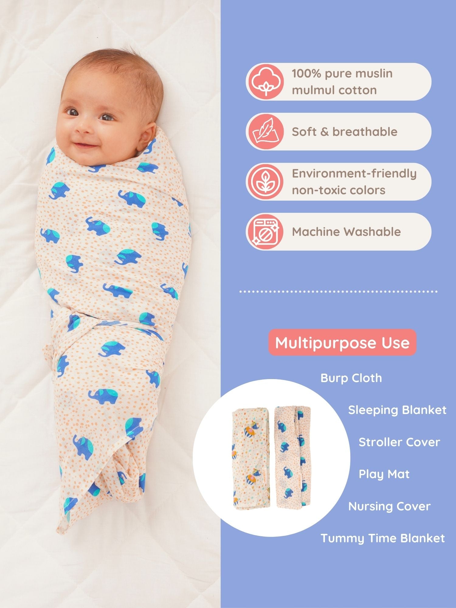 Wildlife Wonders Cotton Muslin Swaddle Wrap for New Born (Pack of 2) - Totdot