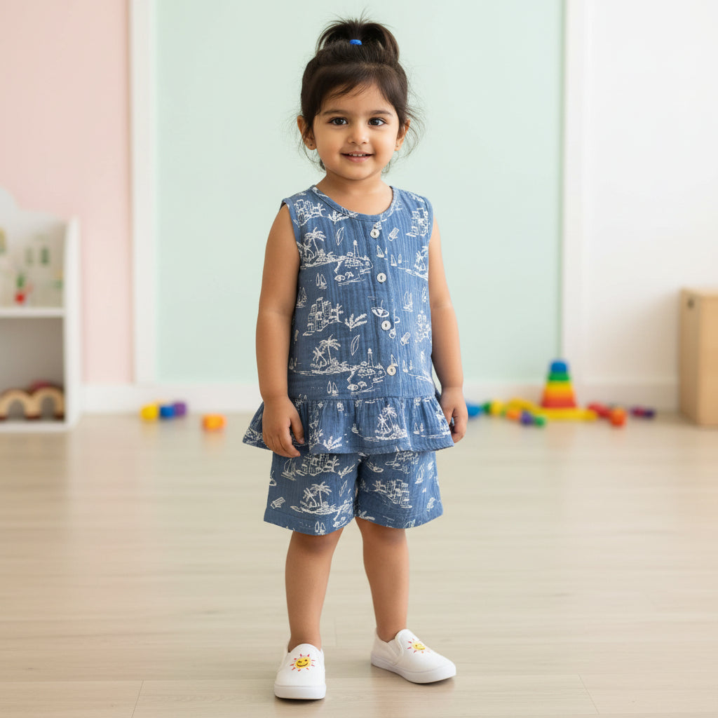 Muslin Shorts Co-ord set- Ocean Blue- Girls