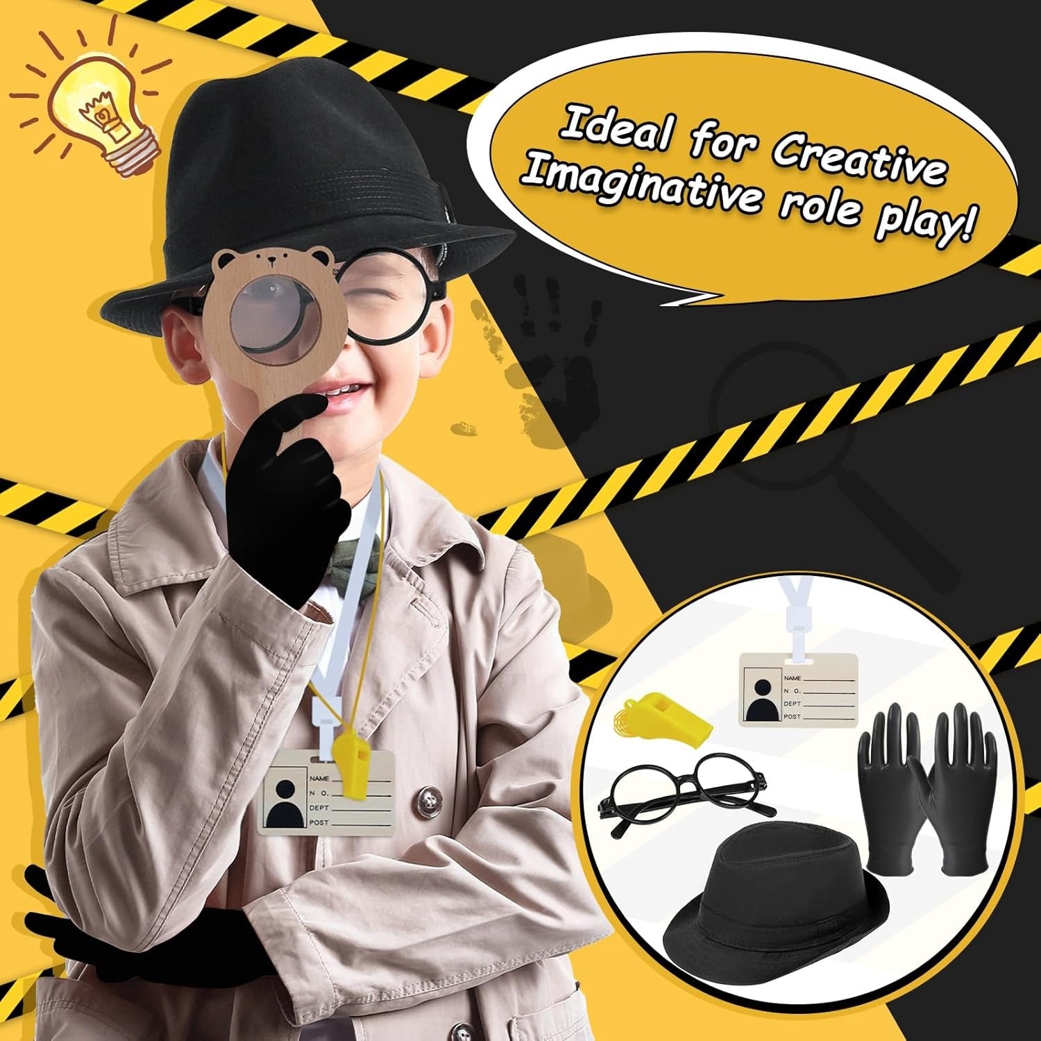 Wooden Detective Role Play Set for Kids, 15 Pieces with Evidence Markers, Wooden Tools, Case File, Black Hat and Accessories