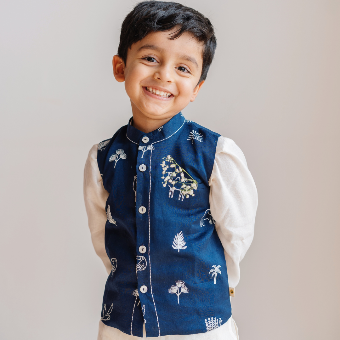 Chanderi Kurta Pyjama & Bandi Set | Embroidered - Magical Jungle (Royal Blue)