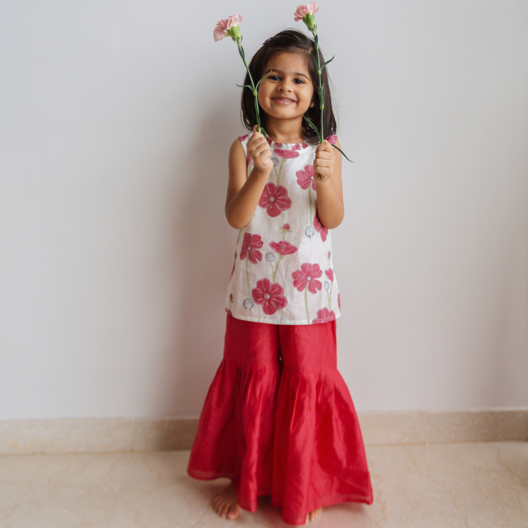 Chanderi Sharara Set  - Poppy Fields (Ruby)