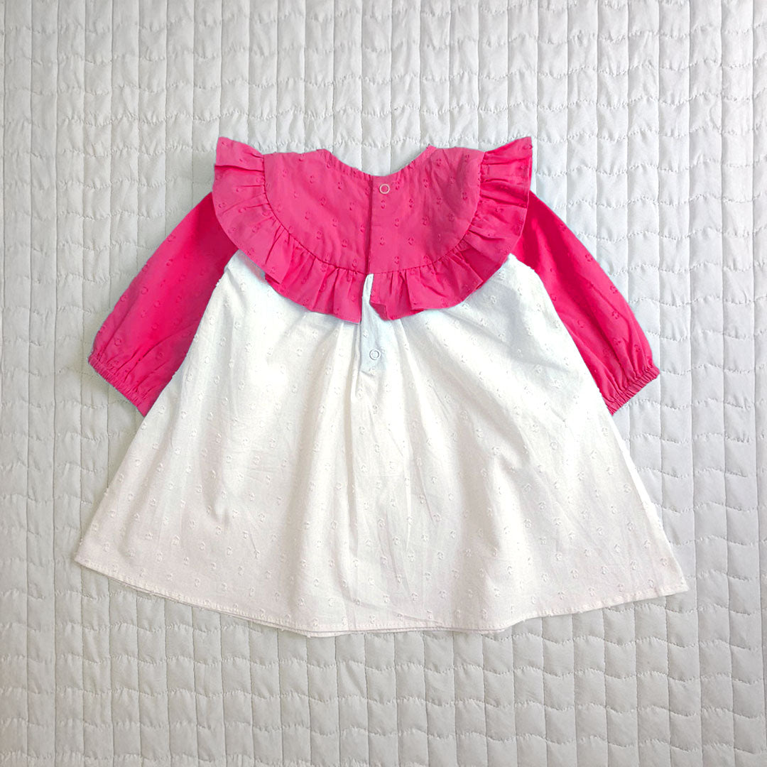 Embroidered Hot Pink and White Puffed Sleeve Dress - Garland of Flowers