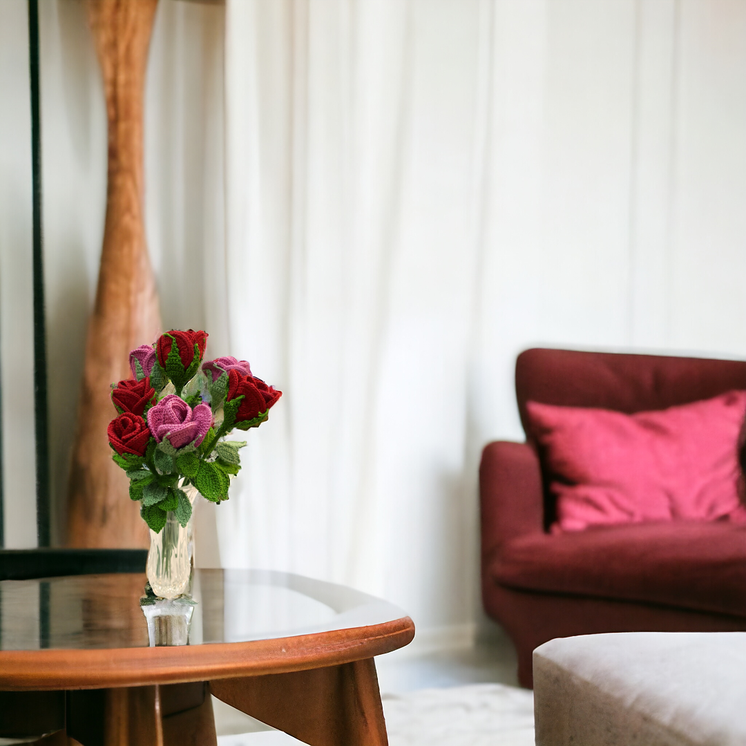 Red and pink floral arrangement Handmade Crochet - Totdot