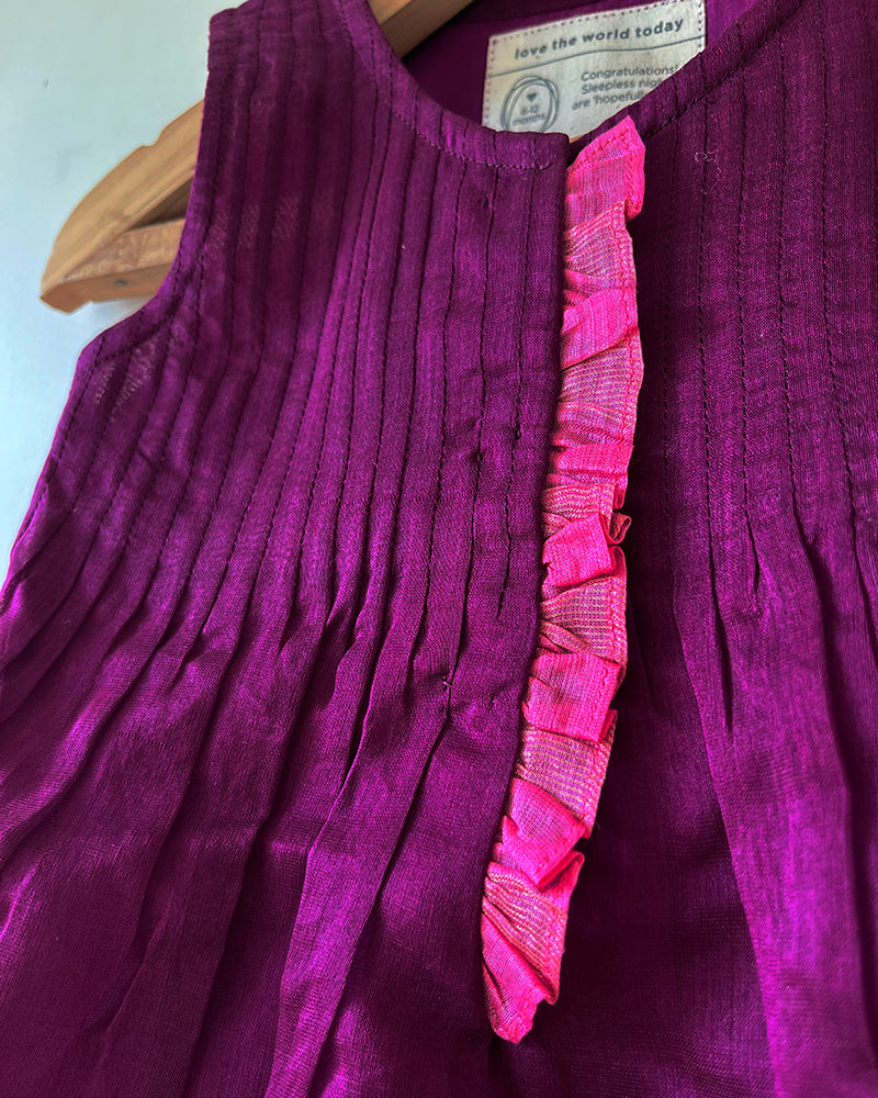 Anagha purple infant pleated festive dress in handwoven cotton silk