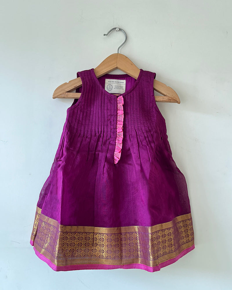 Anagha purple infant pleated festive dress in handwoven cotton silk