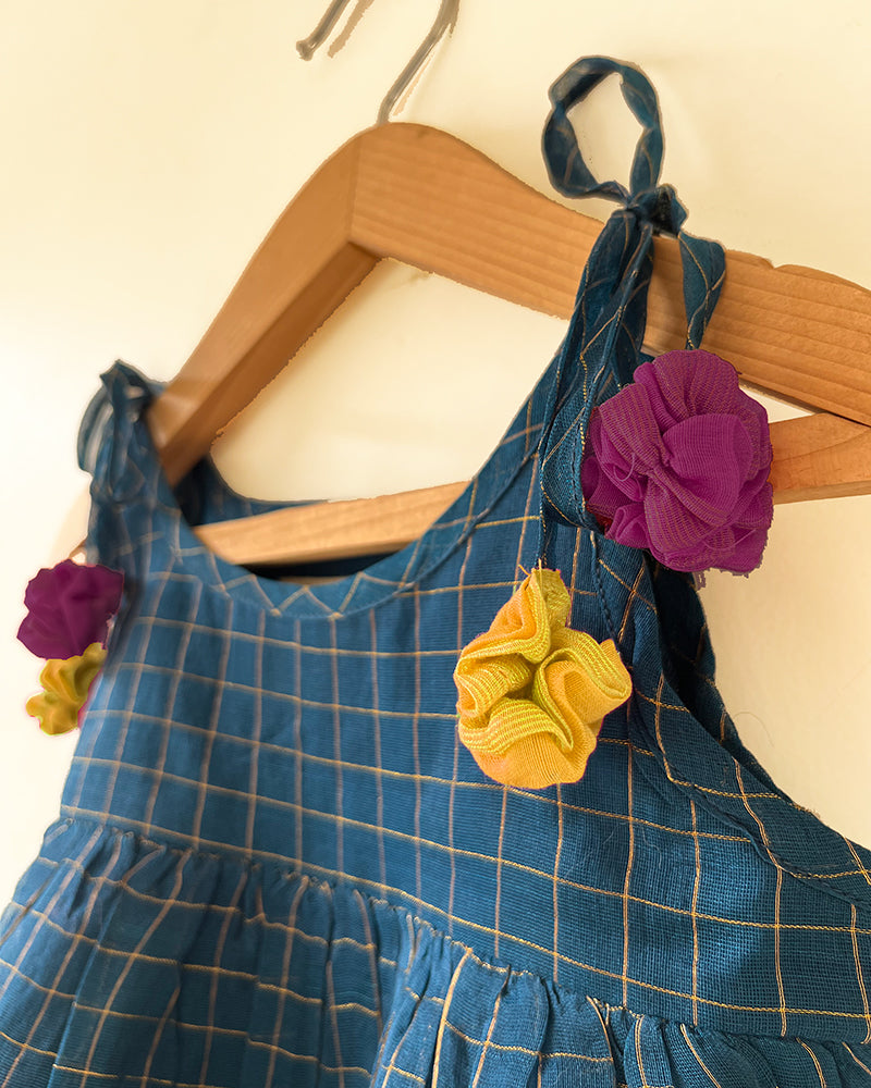 Aparajita blue gold checks infant tiered festive dress in handwoven cotton silk