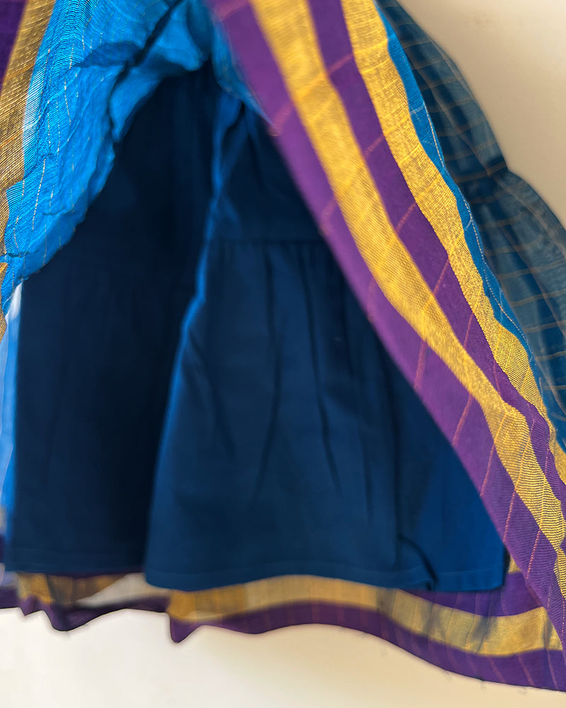 Aparajita blue gold checks infant tiered festive dress in handwoven cotton silk
