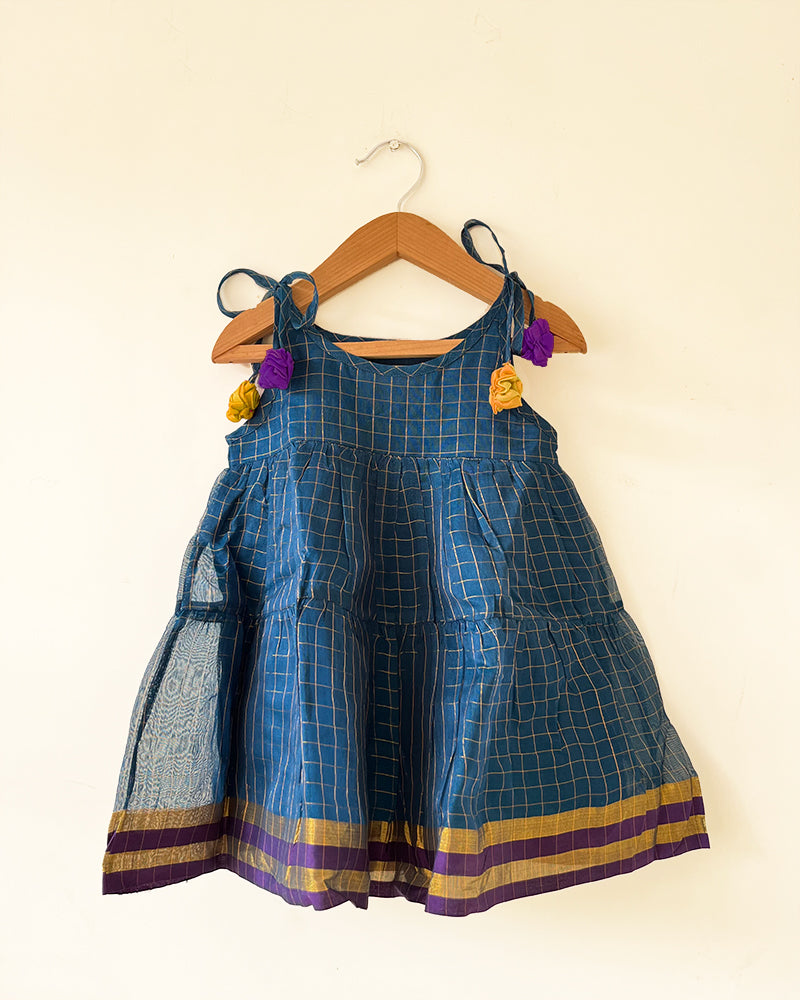 Aparajita blue gold checks infant tiered festive dress in handwoven cotton silk