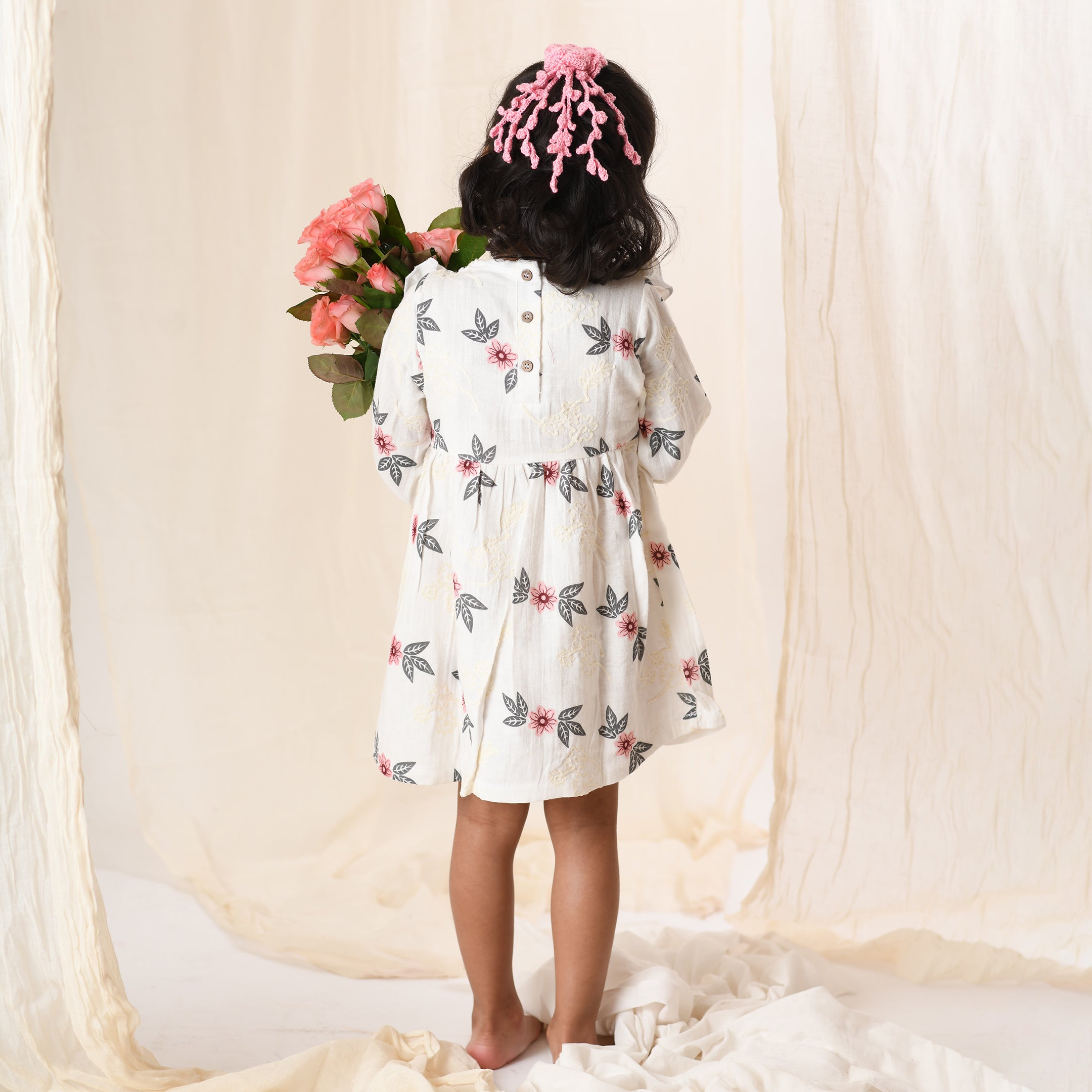 Organic Cotton Muslin White Floral Dress & Pink Flower Long Clip-Gift Set