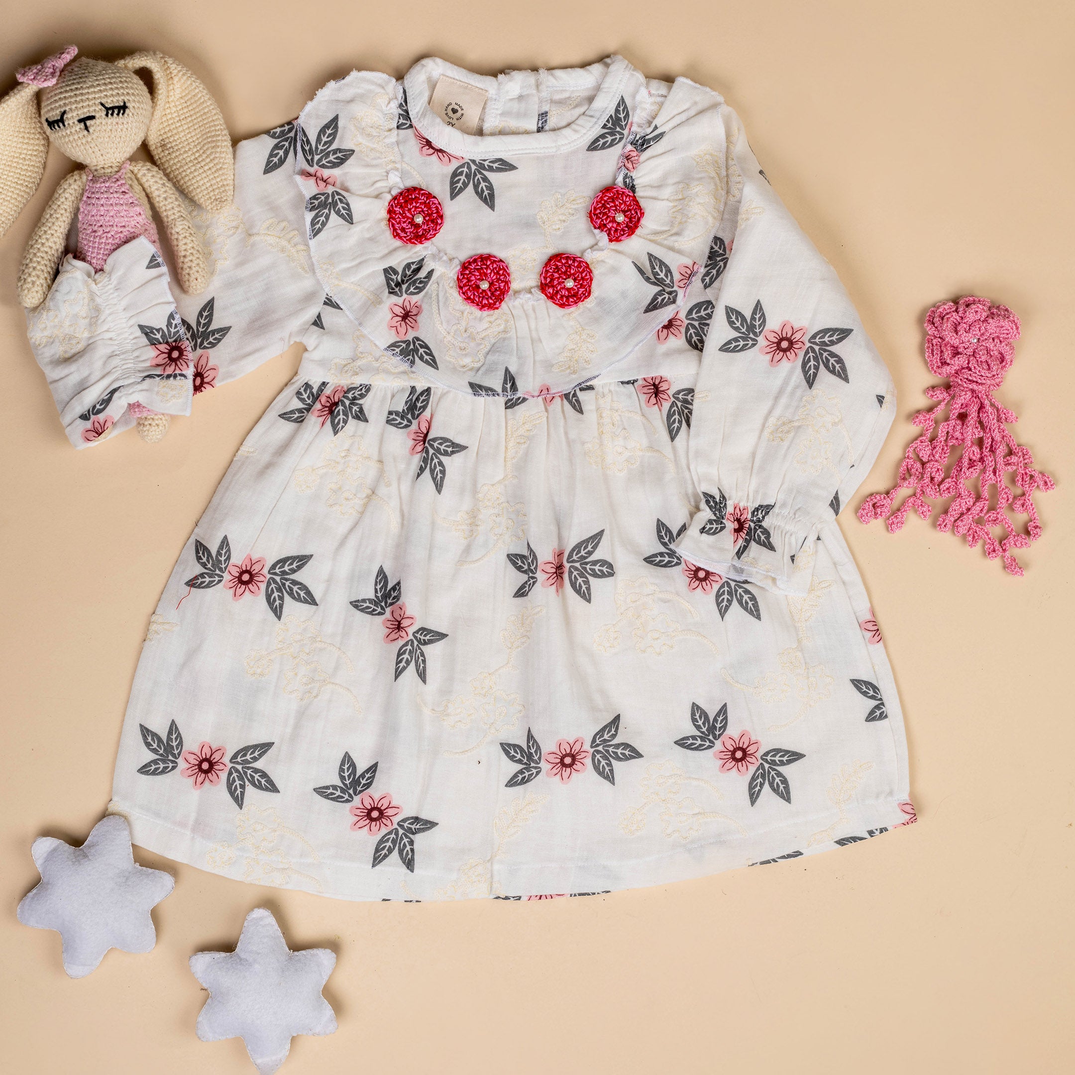 Organic Cotton Muslin White Floral Dress & Pink Flower Long Clip-Gift Set