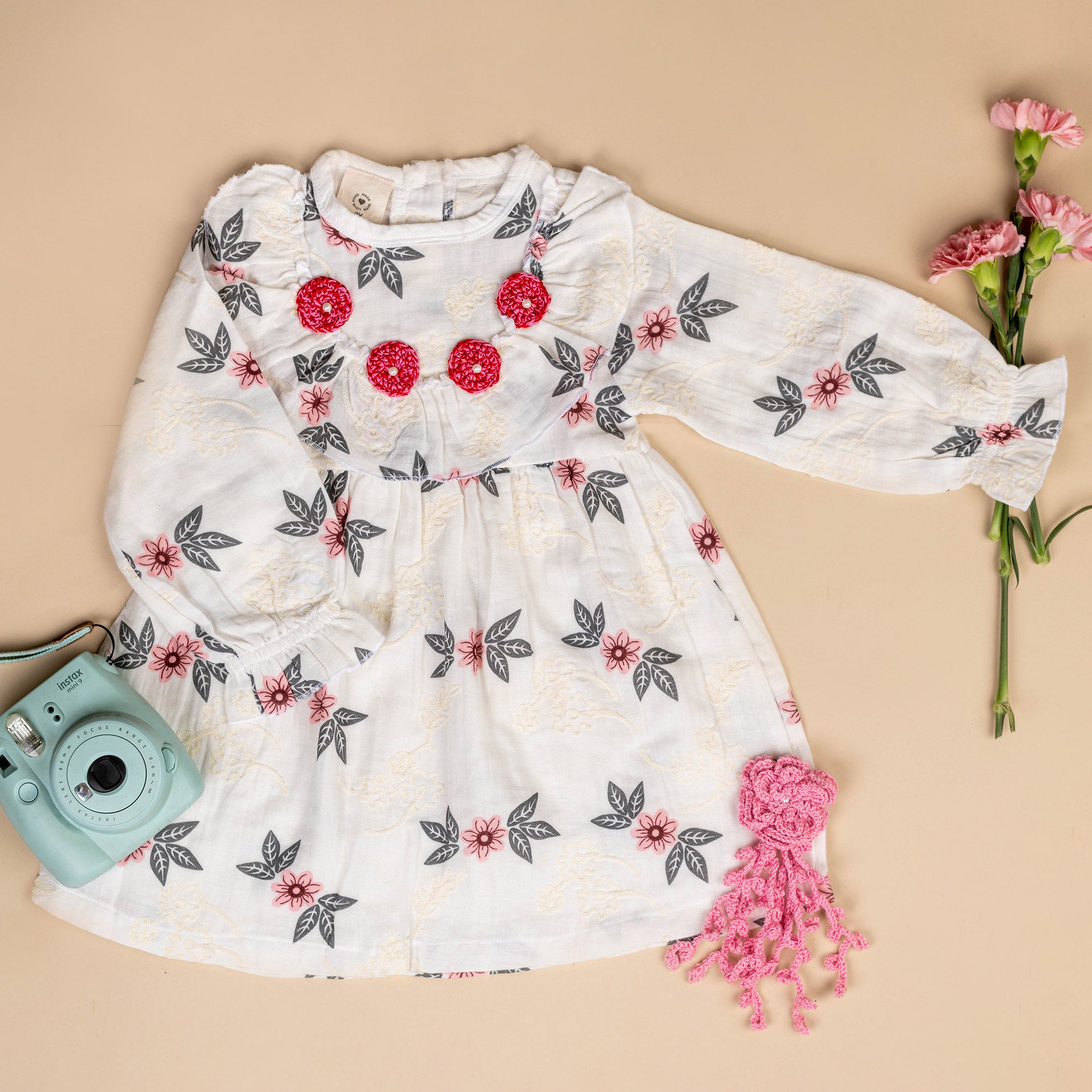 Organic Cotton Muslin White Floral Dress & Pink Flower Long Clip-Gift Set