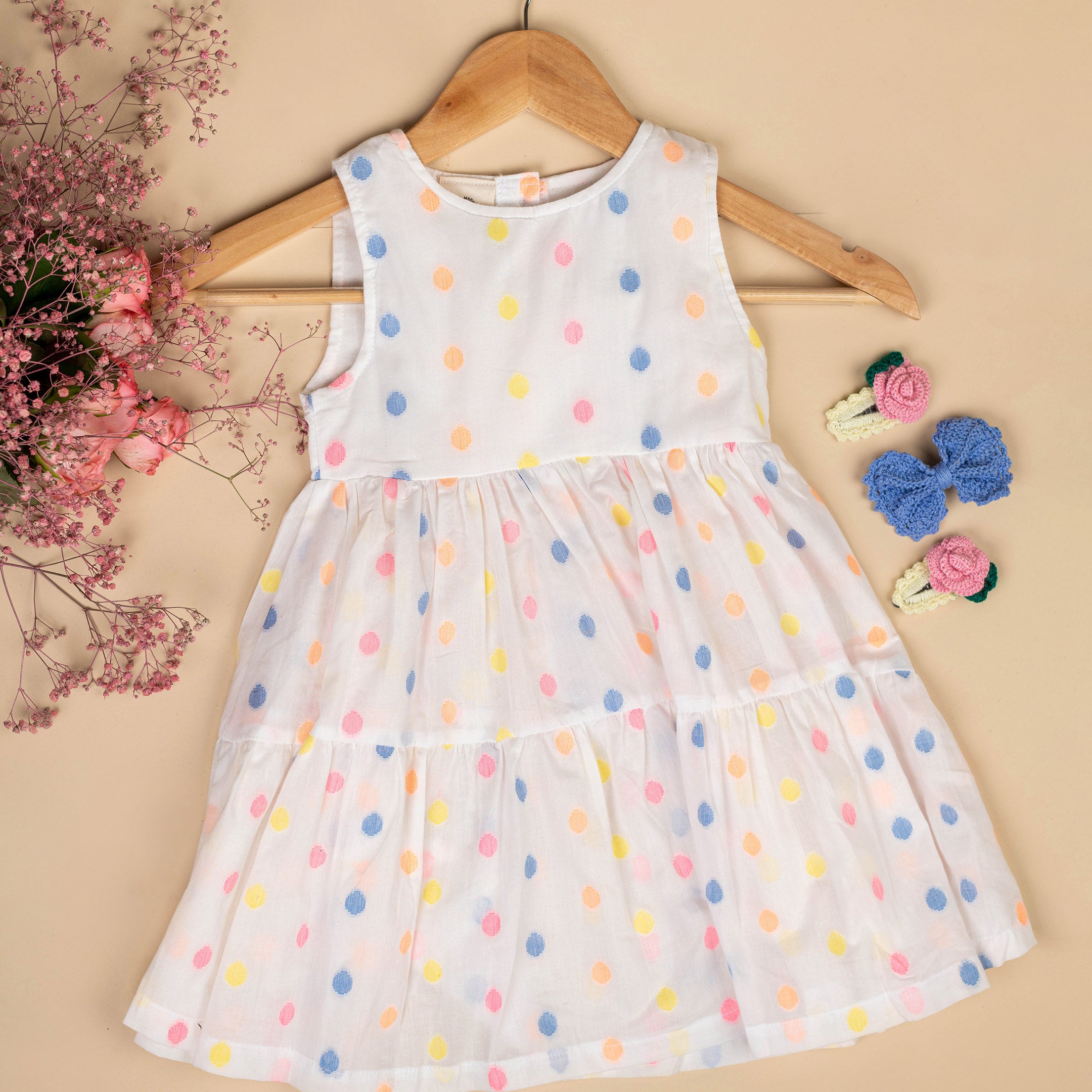 Organic Cotton Polka Dot Dress & Rose Clip, Bow Set/Gift Set-Gift Set