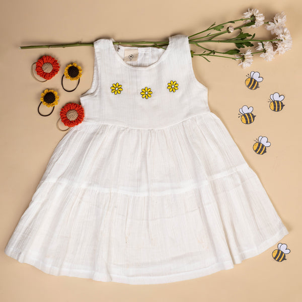 Organic Cotton Muslin Flower Dress & Sunflower Rubberbands Set- Gift Set