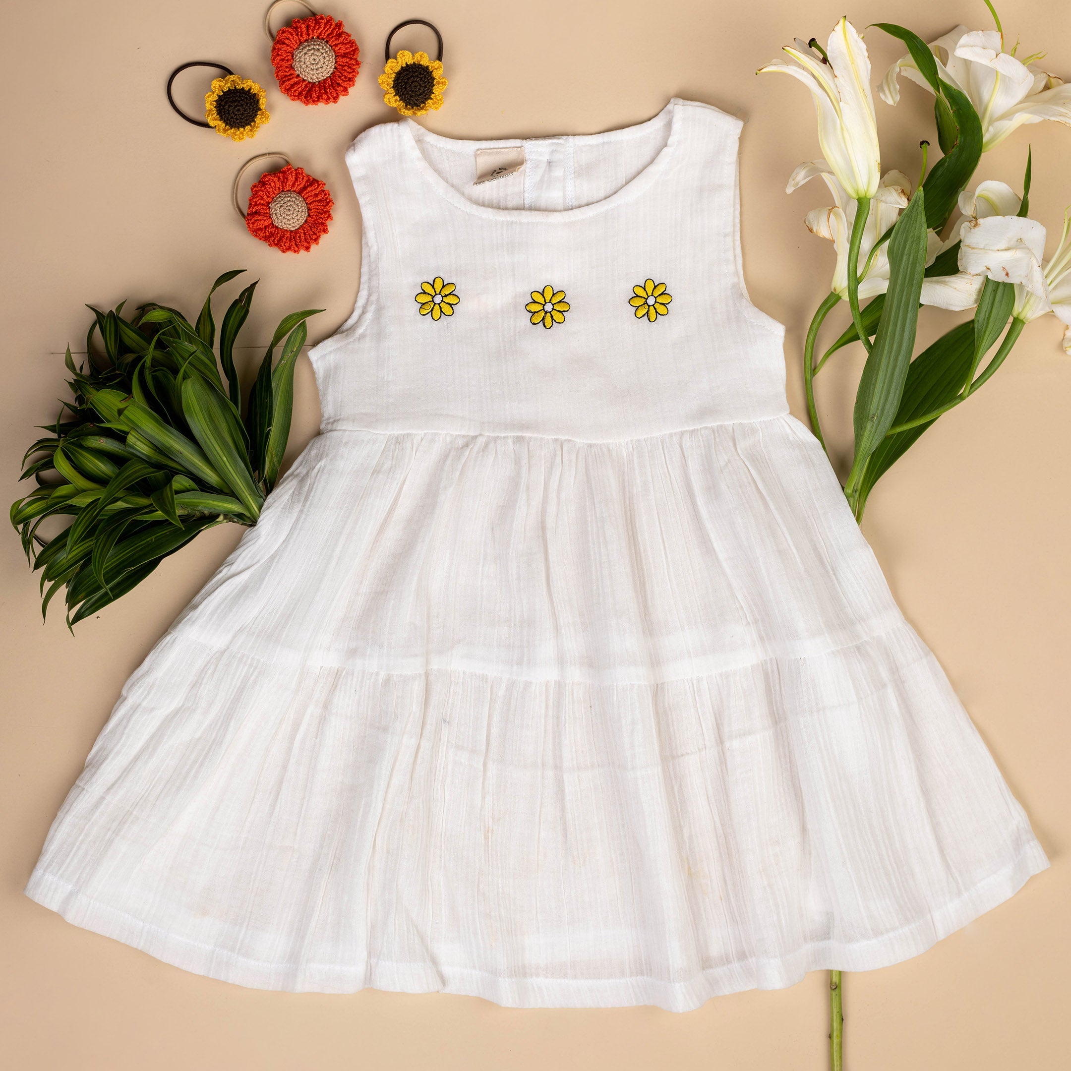 Organic Cotton Muslin Flower Dress & Sunflower Rubberbands Set- Gift Set