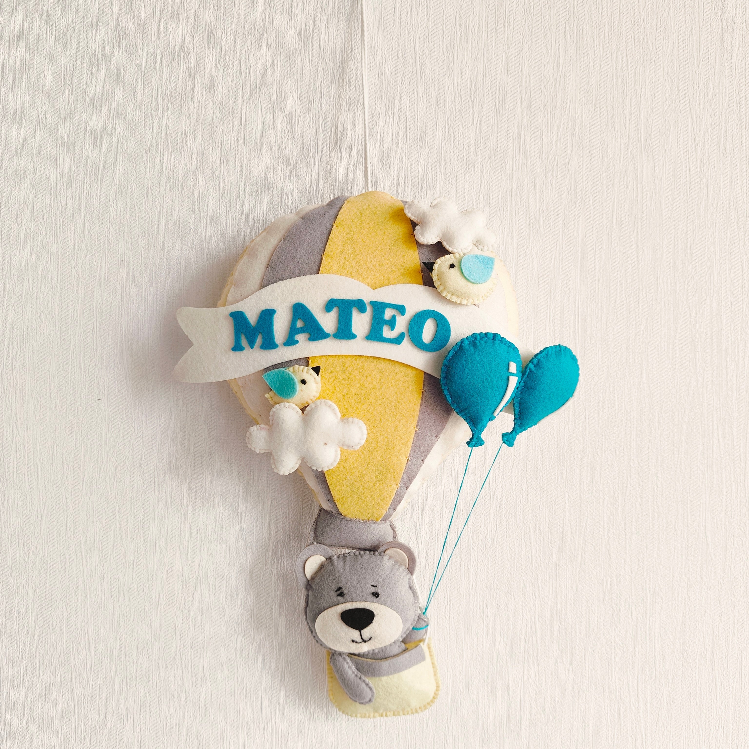 Grey Teddy in a Hot Air Balloon Name Hanging