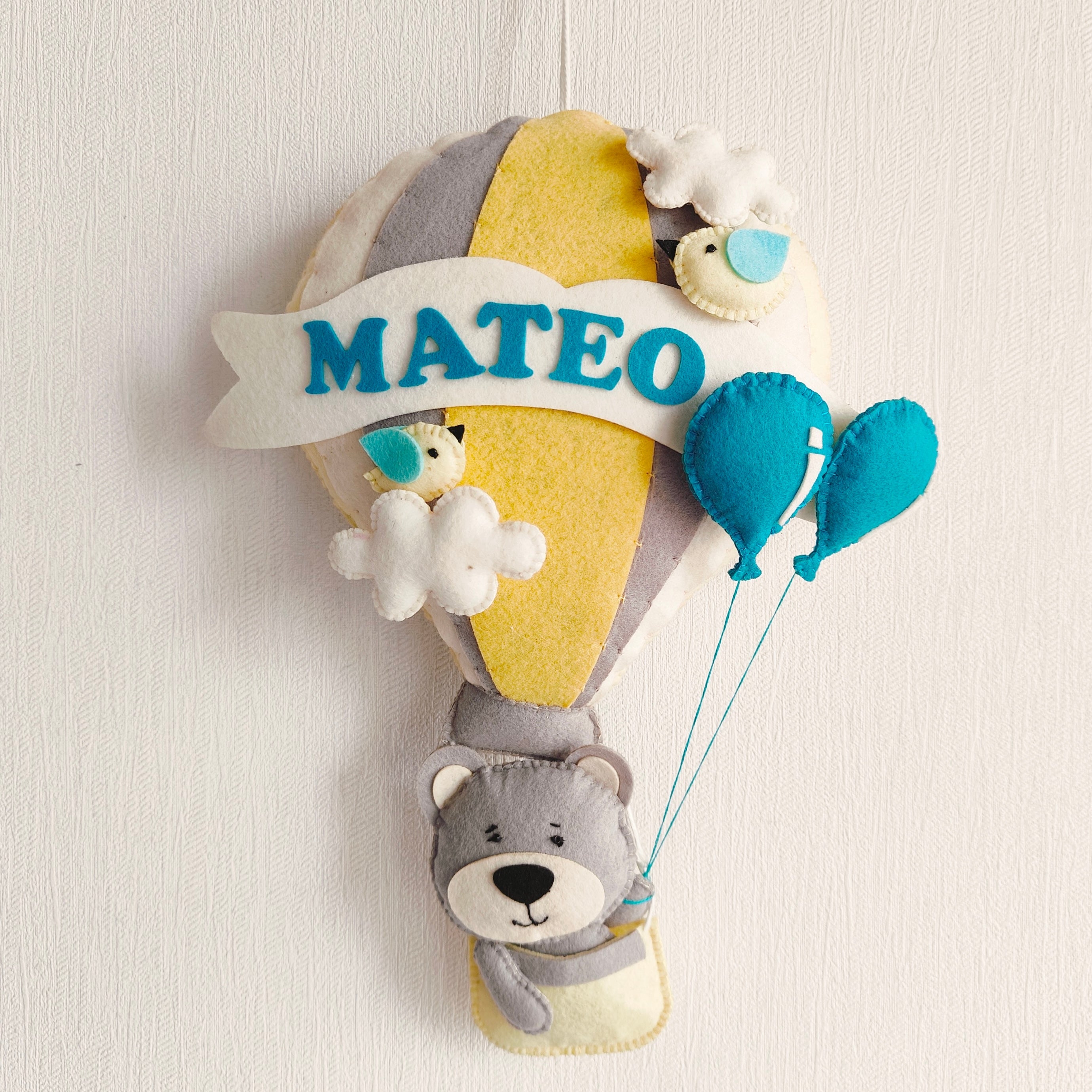 Grey Teddy in a Hot Air Balloon Name Hanging