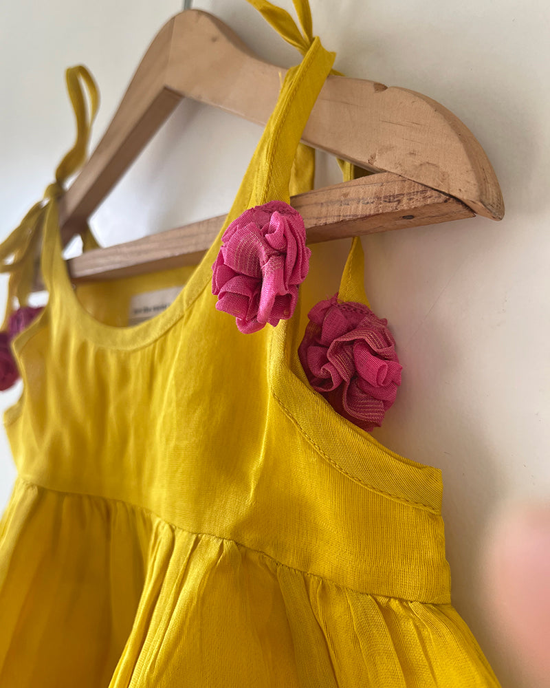 Basant yellow infant tiered festive dress in handwoven cotton silk