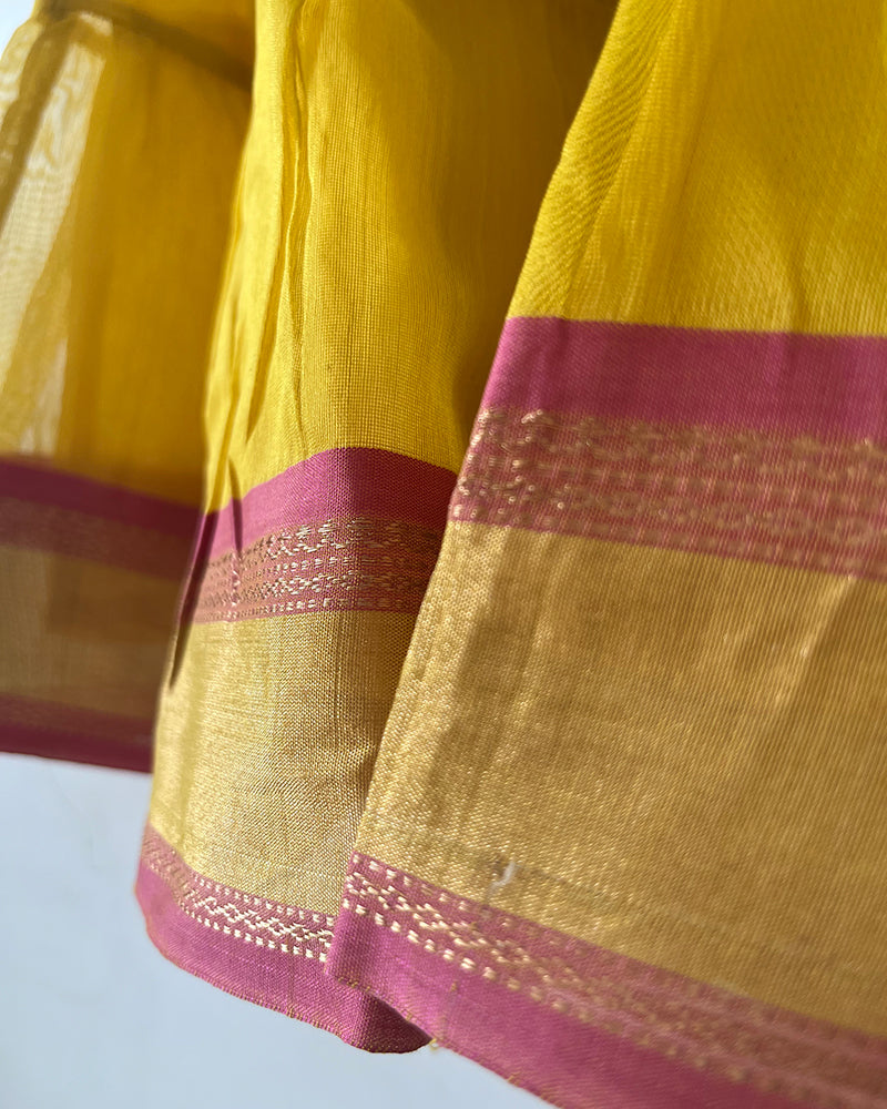 Basant yellow infant tiered festive dress in handwoven cotton silk