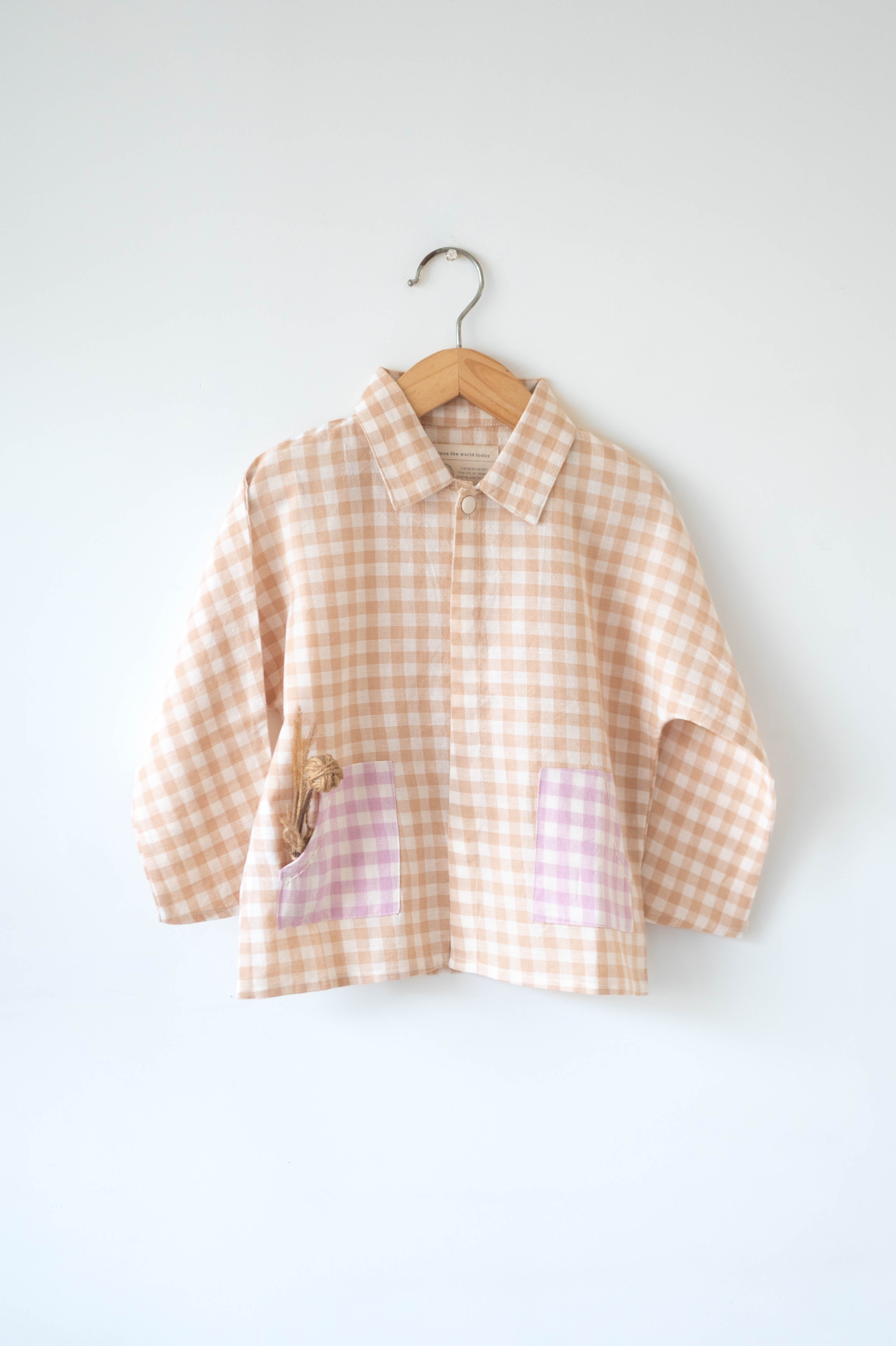 Dandelion wishes unisex kimono style baggy shirt in beige handwoven cotton checks - Totdot