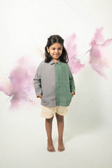 Holding Hands’ unisex kimono style baggy shirt in teal and grey handwoven cotton