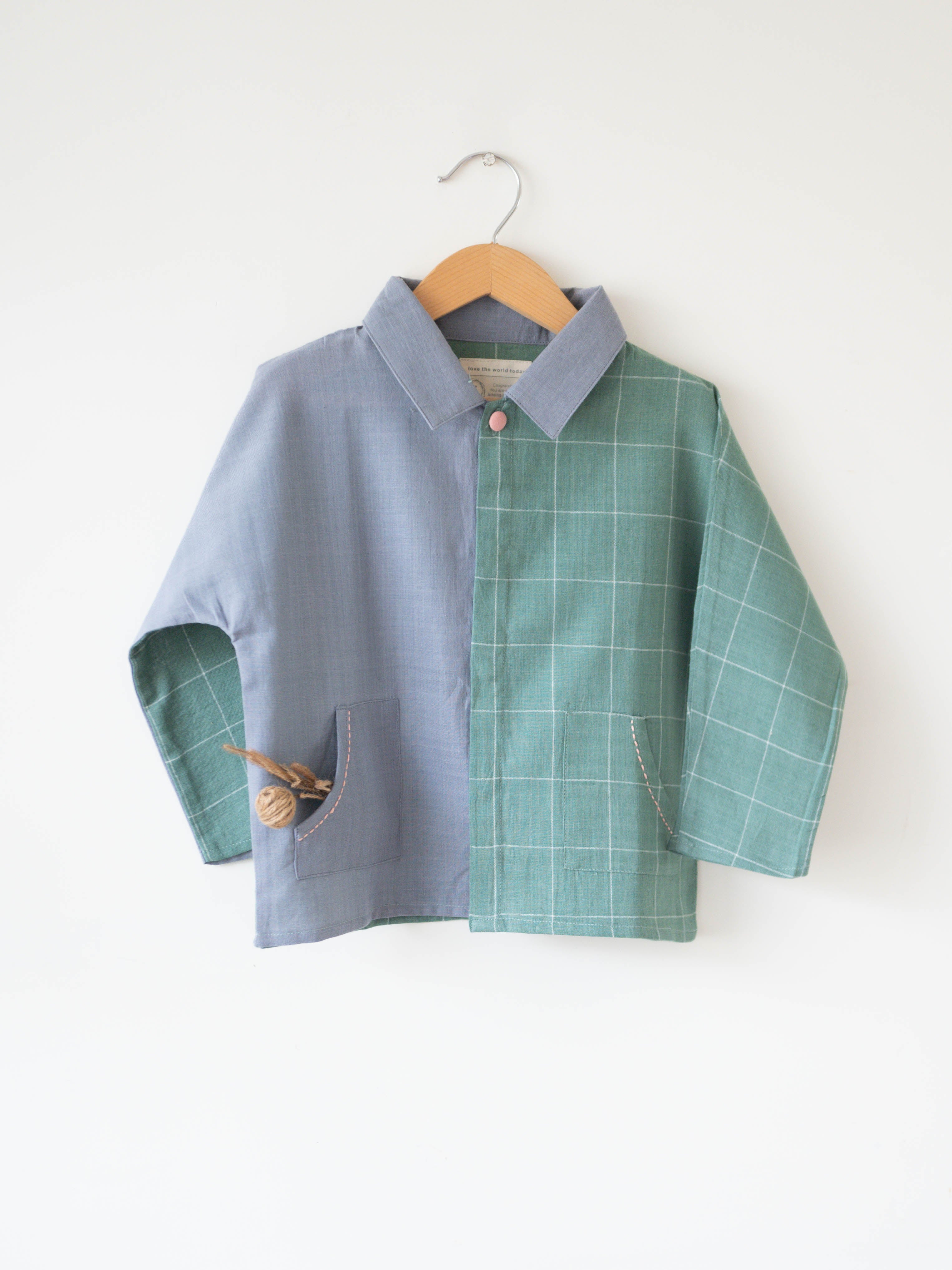 Holding Hands’ unisex kimono style baggy shirt in teal and grey handwoven cotton - Totdot