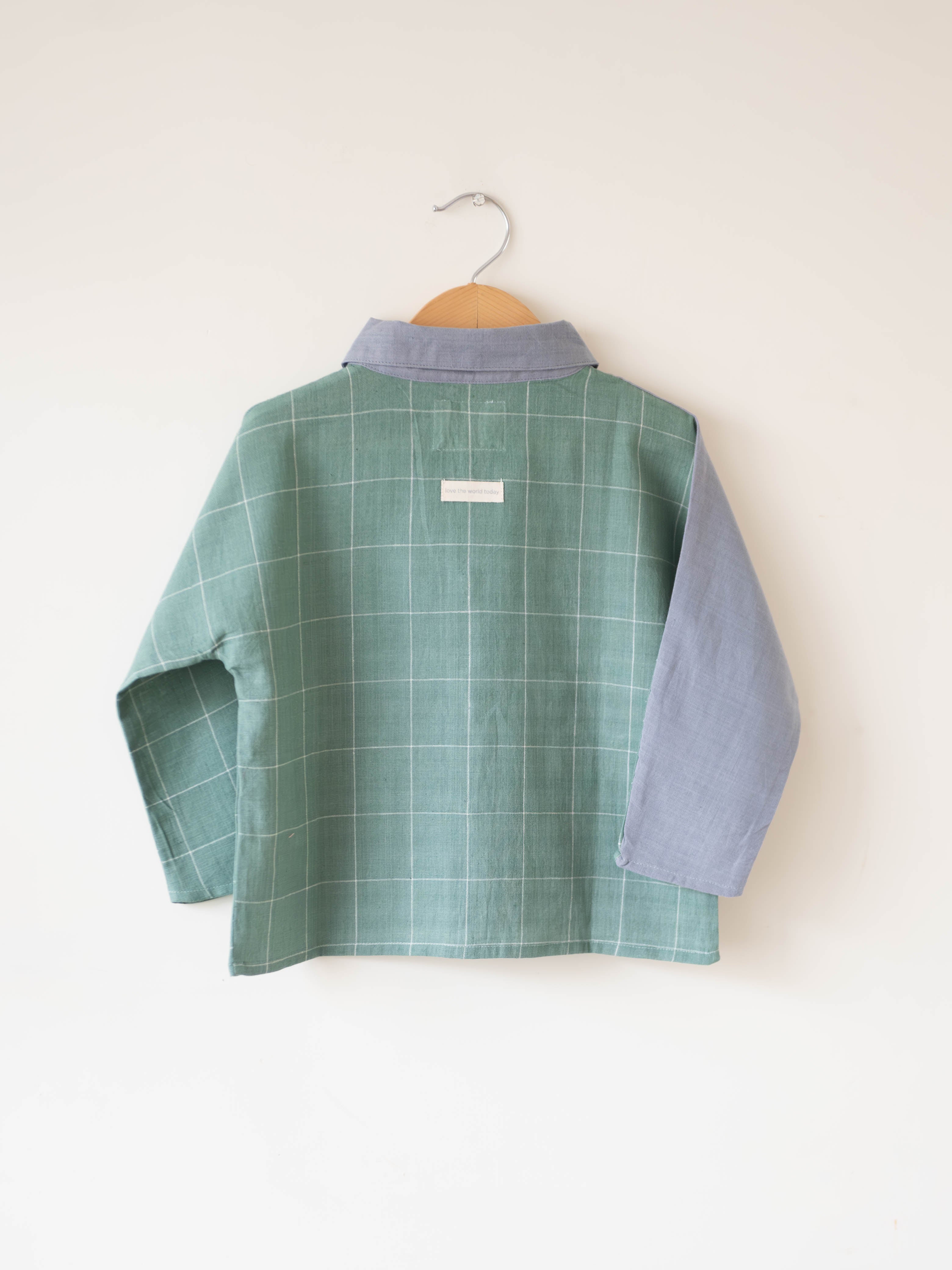 Holding Hands’ unisex kimono style baggy shirt in teal and grey handwoven cotton - Totdot