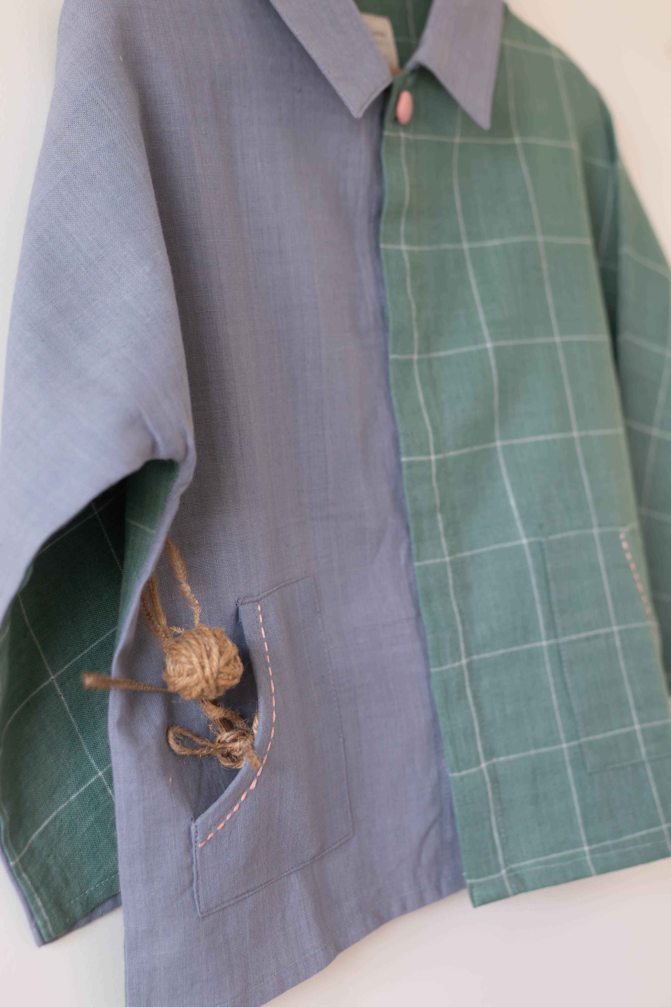 Holding Hands’ unisex kimono style baggy shirt in teal and grey handwoven cotton - Totdot