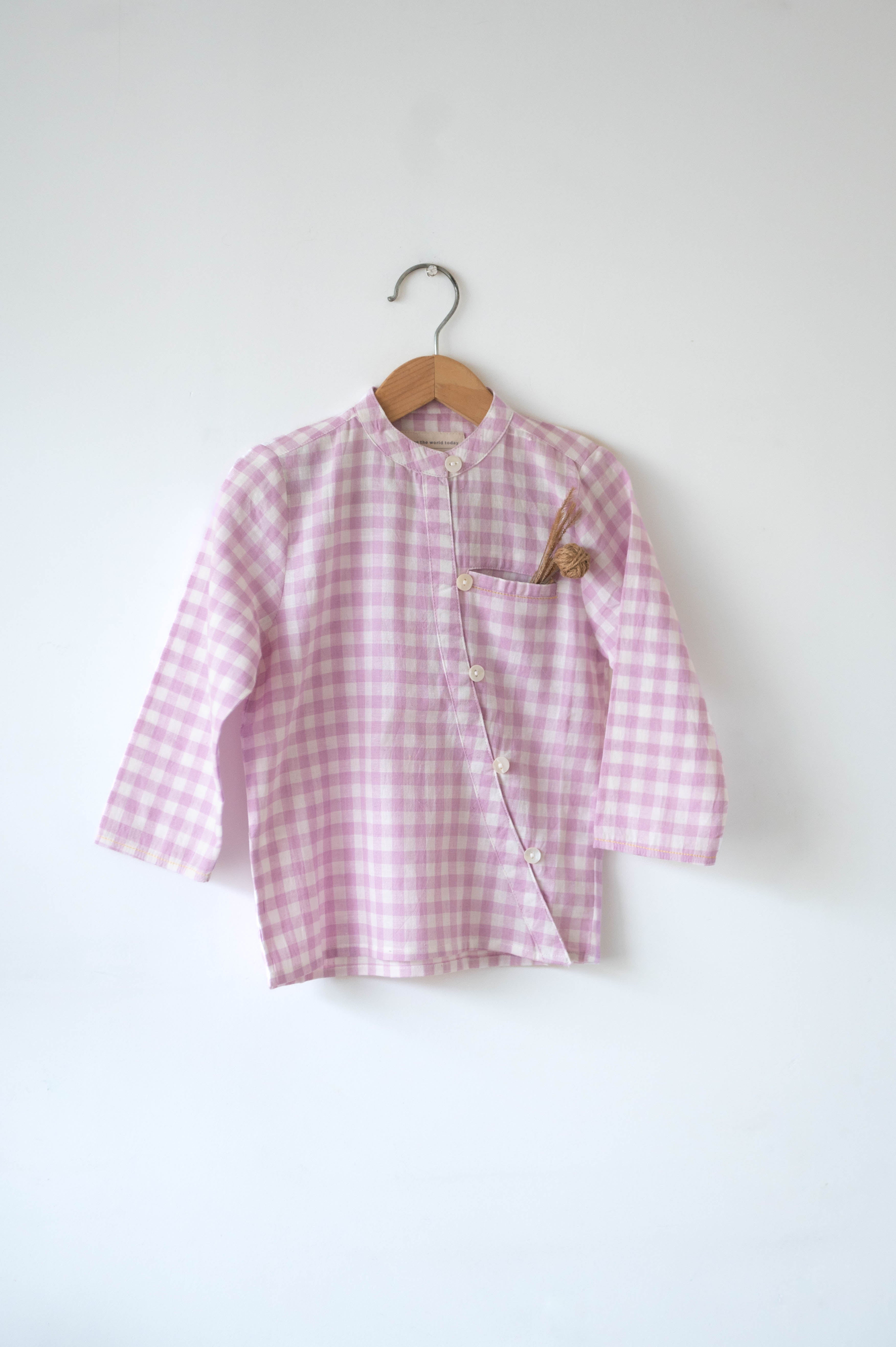 Rainbows LTWT classic chinese collar curved shirt in purple handwoven cotton checks - Totdot