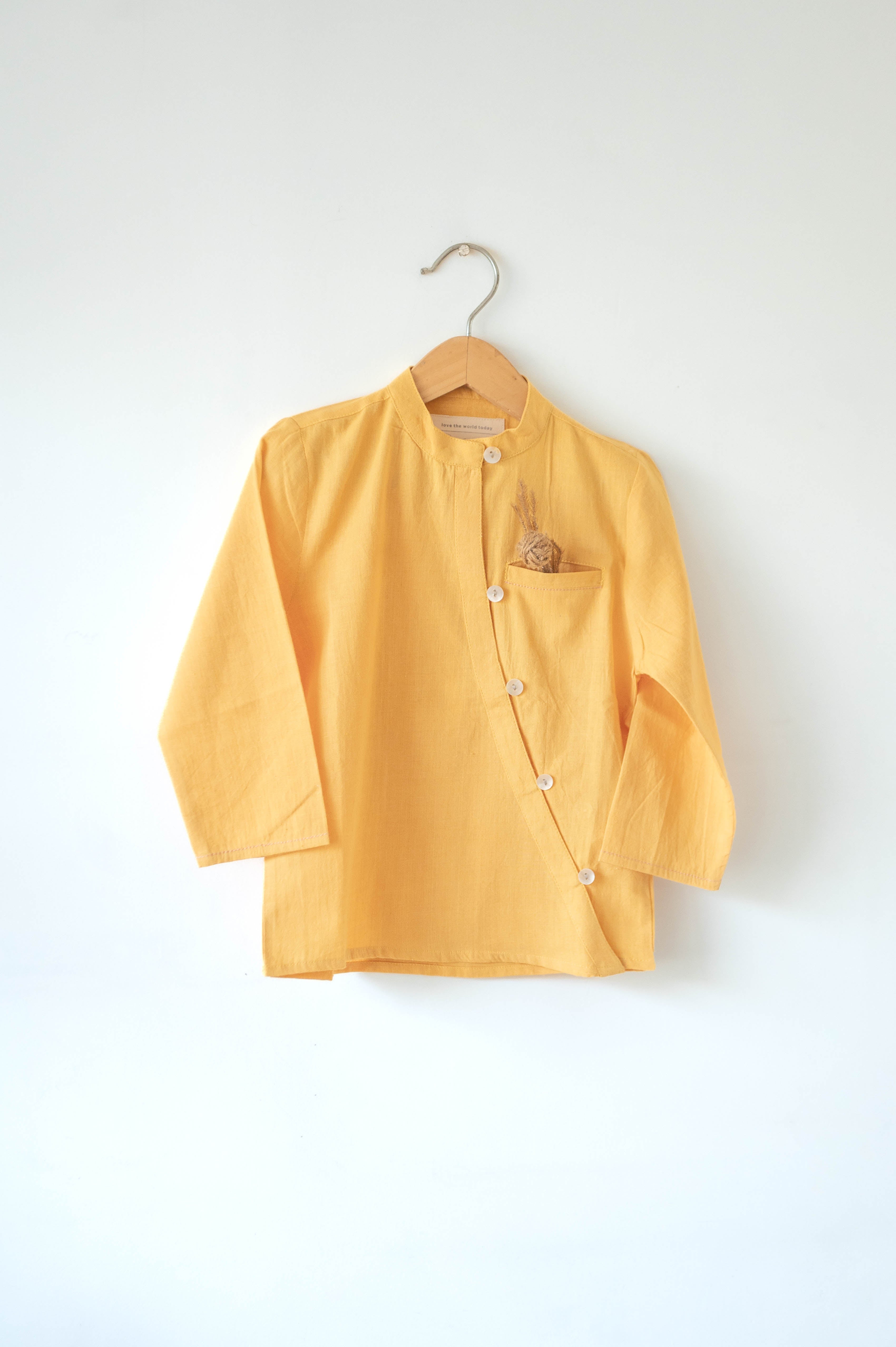 Rainbows LTWT classic chinese collar curved shirt in yellow handwoven cotton - Totdot