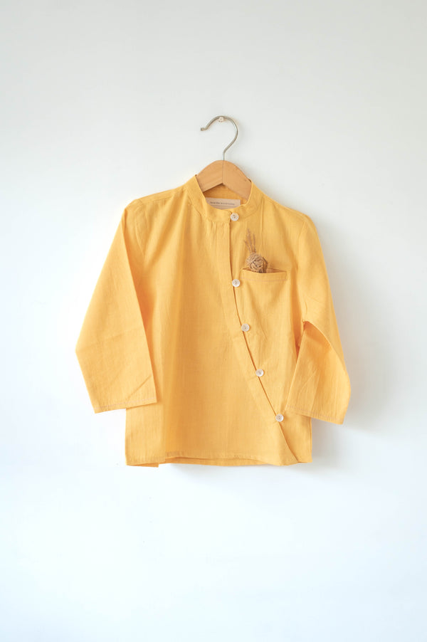 Rainbows LTWT classic chinese collar curved shirt in yellow handwoven cotton