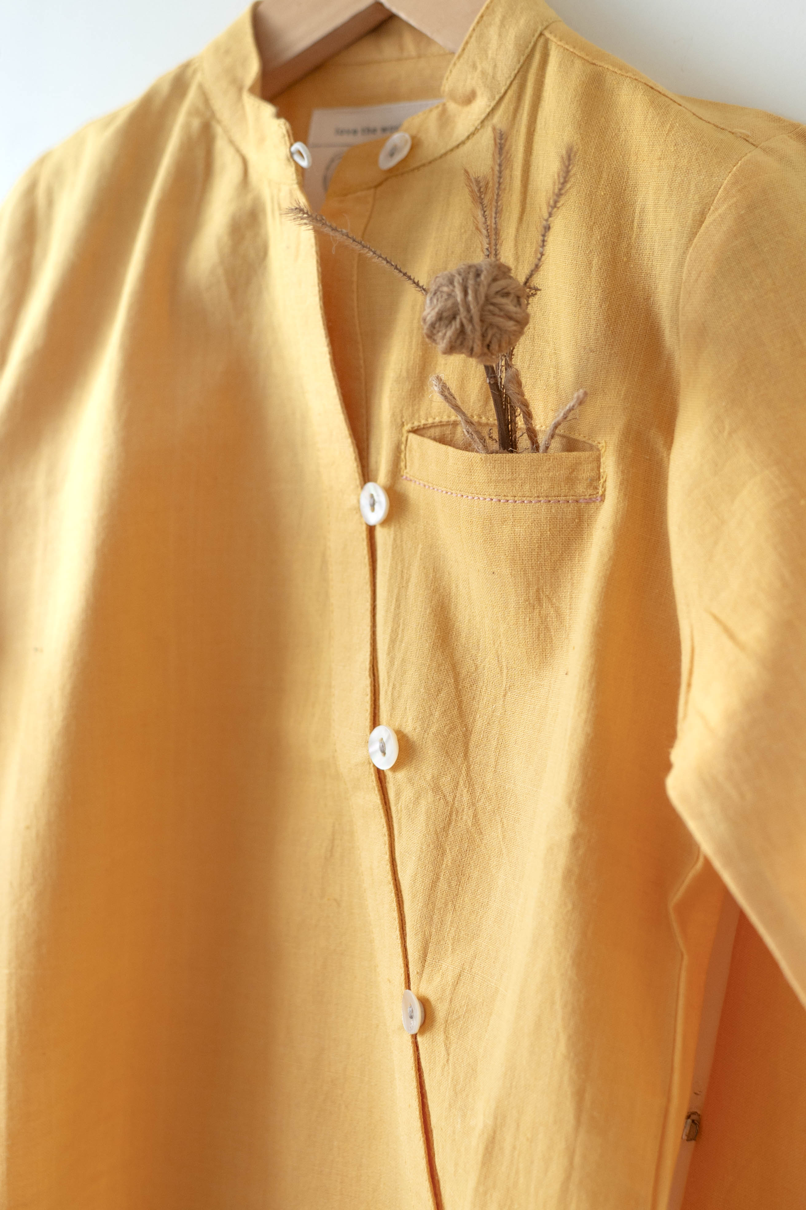 Rainbows LTWT classic chinese collar curved shirt in yellow handwoven cotton - Totdot