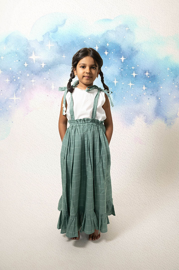 Endless possibilities’ pinafore dress / skirt in teal handwoven cotton checks - Totdot